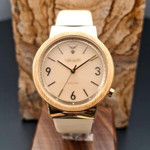 Green Message Damen Solaruhr in Beige – Frontansicht mit hellem Holzring