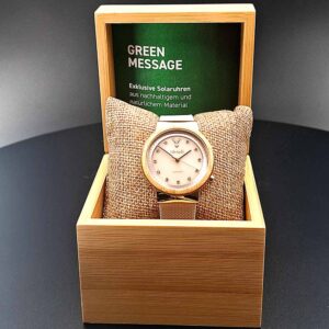 Hirsch Green Message Damenuhr in Rosa – nachhaltige Solaruhr mit modernem Design - in der Bambusbox