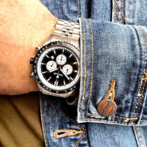 Fliegerchrono Silber Herrenchronograph mit schwarzer Rechenschieber-Lünette und Präsidentenarmband - in Lederbox