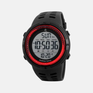 Sportliche Andrea Cervo Adventure Watch in Schwarz mit markantem roten Innenring, digitalem Display und ventiliertem Silikonarmband.