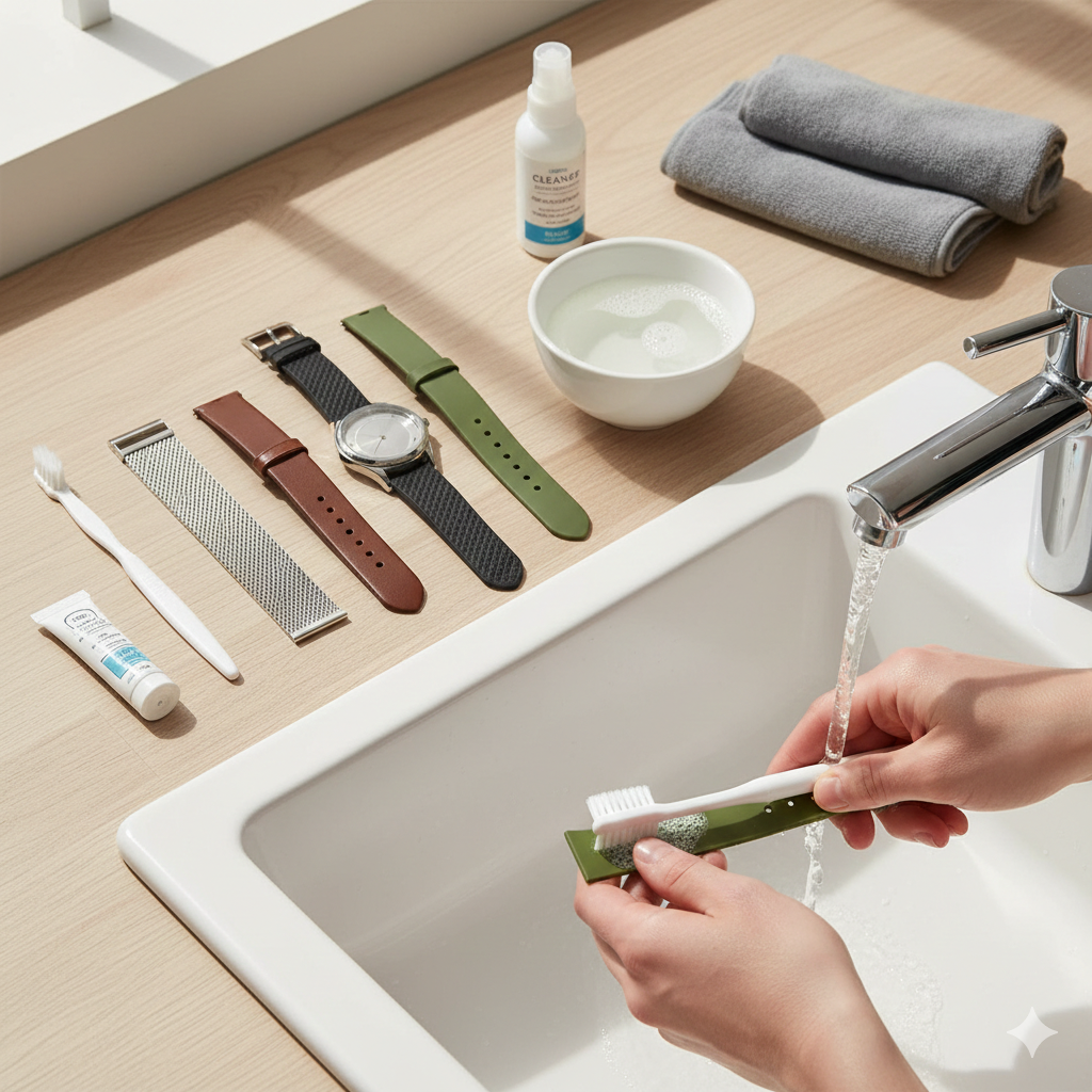 Draufsicht auf eine Reinigungssituation: Eine Person reinigt das olivgrüne Silikonarmband einer schwarzen Digitaluhr mit einer Zahnbürste und weißem Seifenschaum über einer hellen Holzoberfläche. Daneben stehen eine Schale mit Wasser, eine kleine Glasflasche und Reinigungspads.